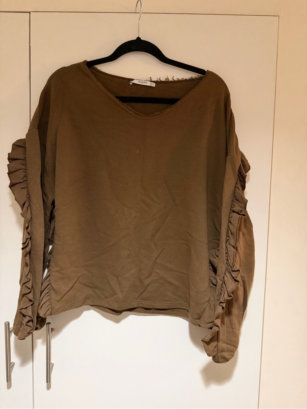 Mango Olive Green Ruffle-Sleeve Sweatshirt